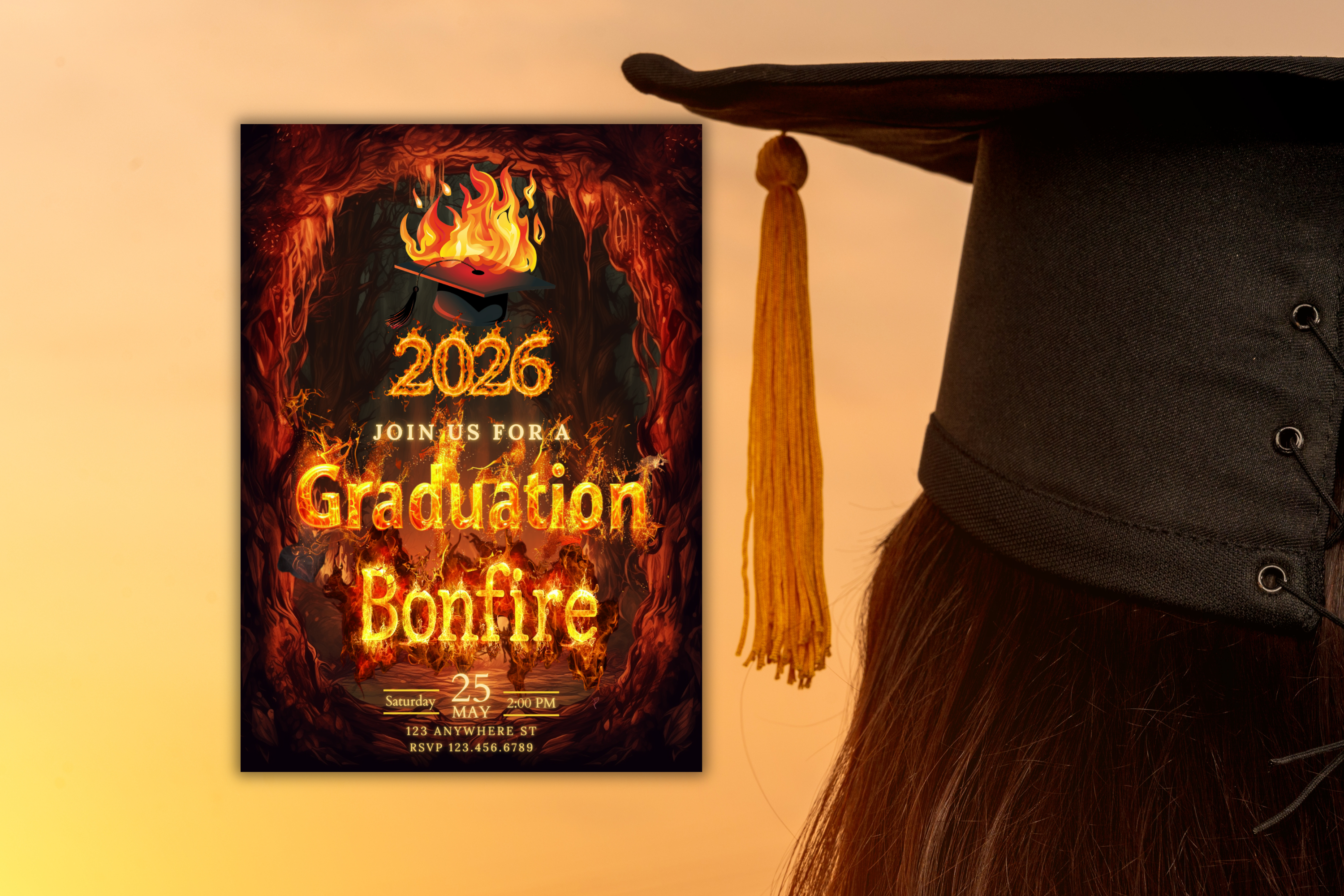 Invitation à la fête de remise des diplômes avec feu de joie | Modèle Canva | Invitation à imprimer à la maison | Design #107