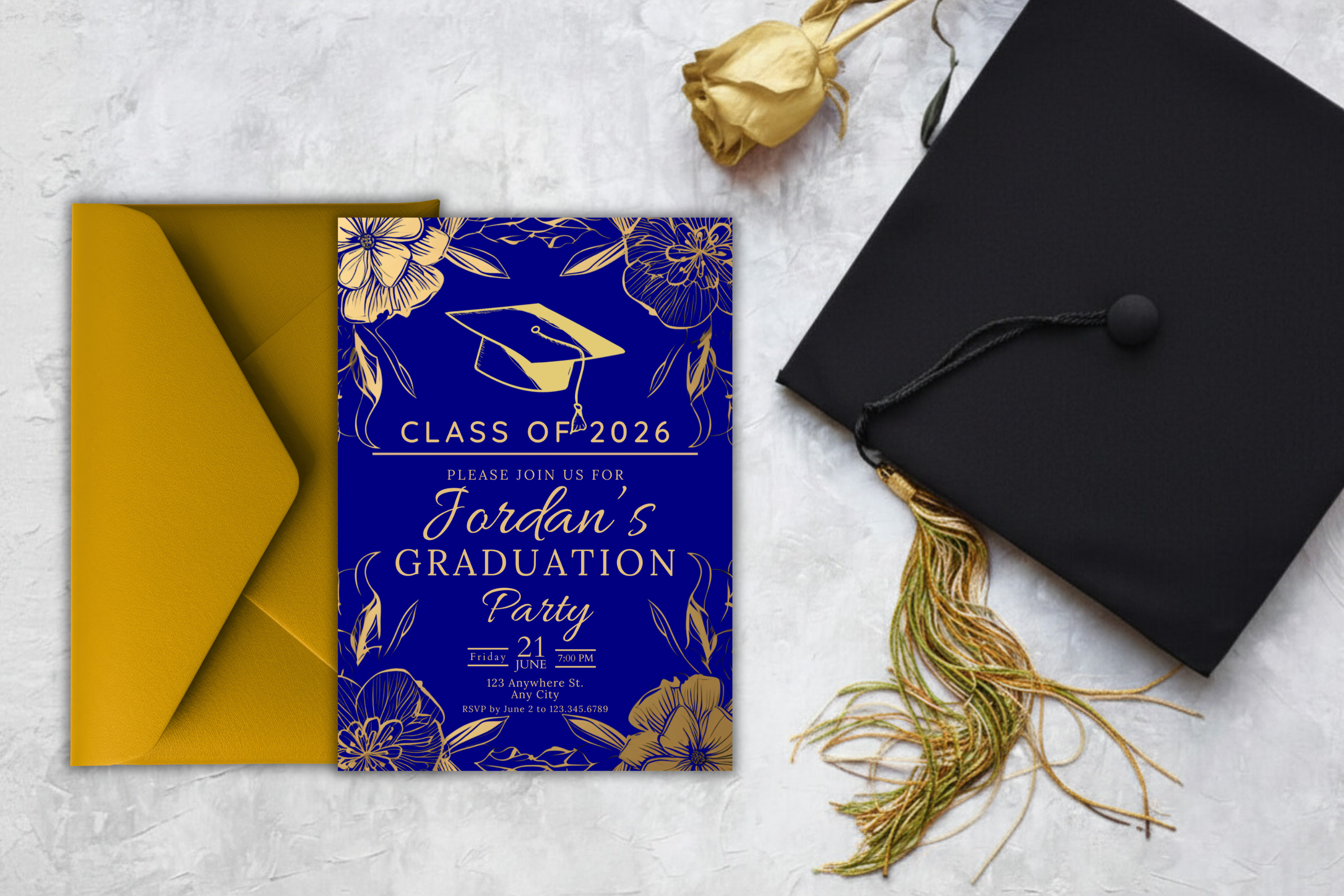 Navy Blue and Gold Flower Graduation Party Invitation | Canva Template | Print at Home Invitation | Design #111