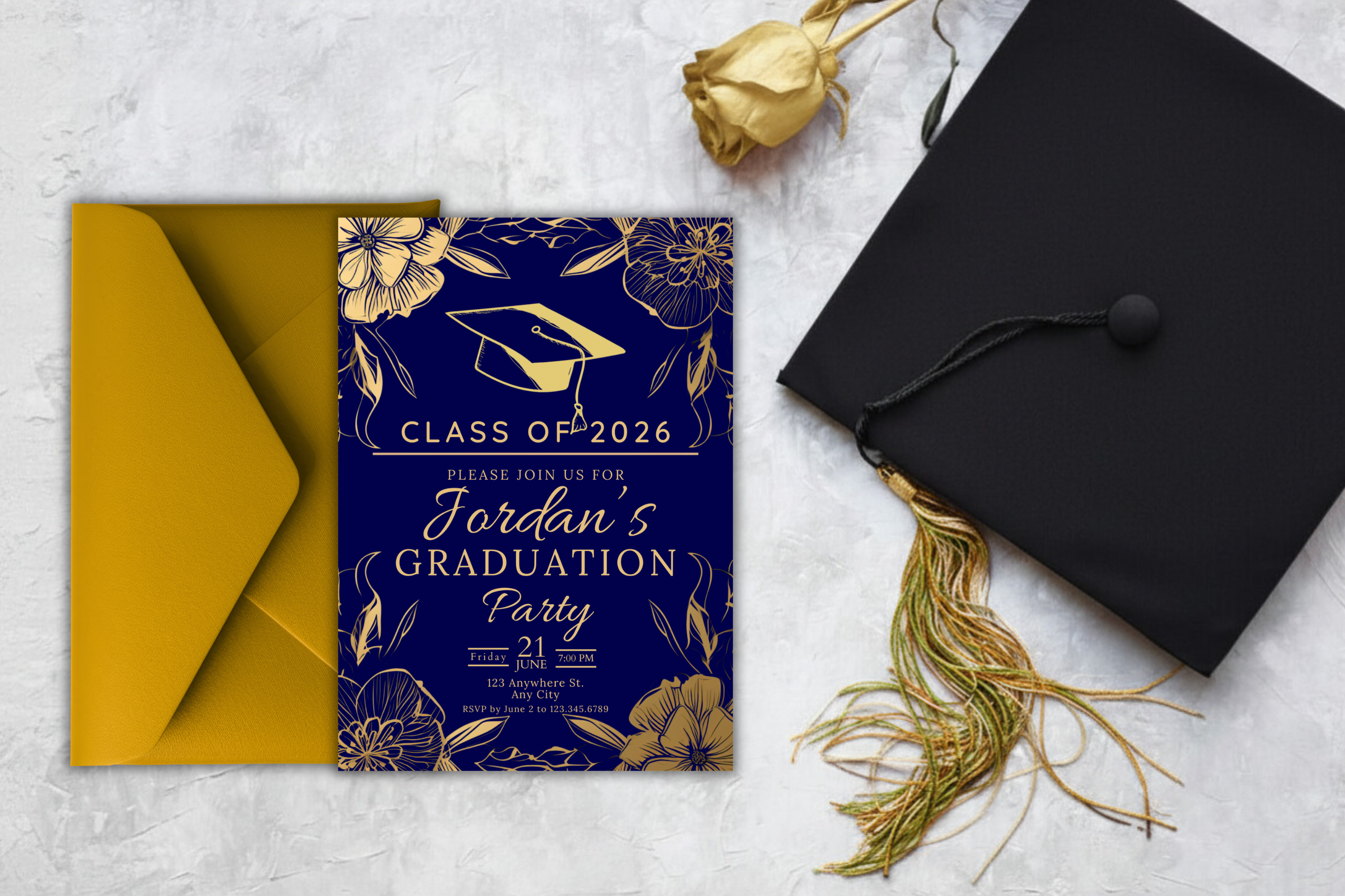 Dark Blue and Gold Flower Graduation Party Invitation | Canva Template | Print at Home Invitation | Design #112