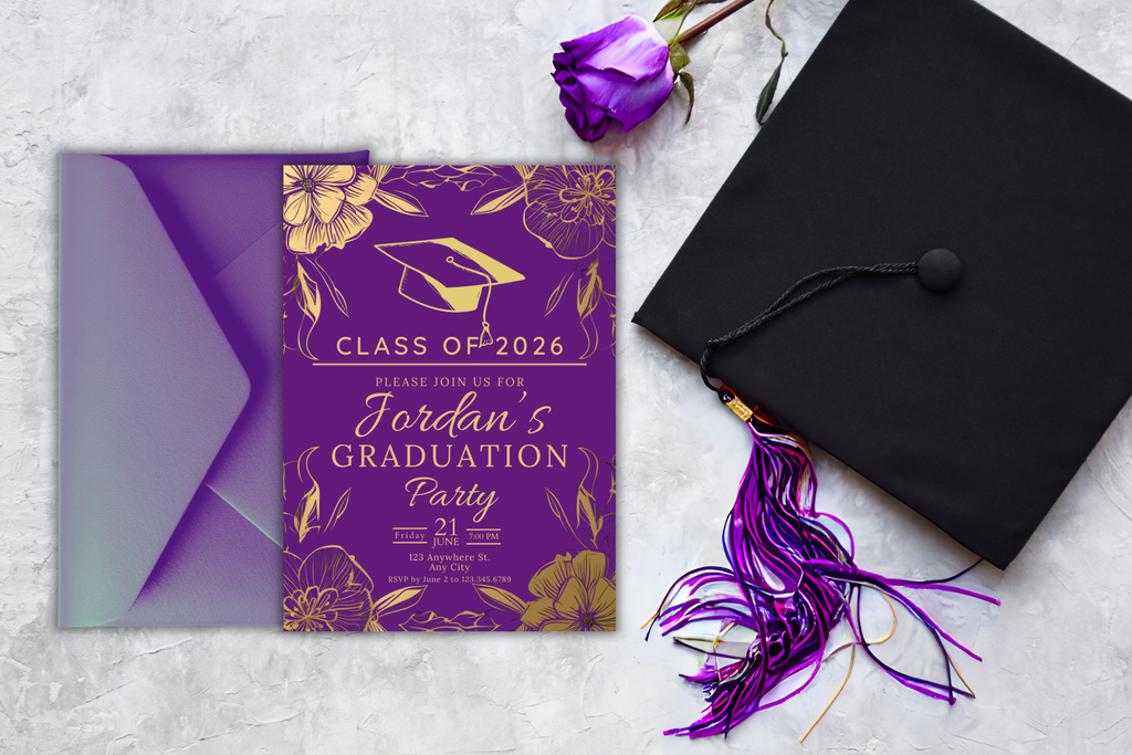 Purple and Gold Flower Graduation Party Invitation | Canva Template | Print at Home Invitation | Design #113