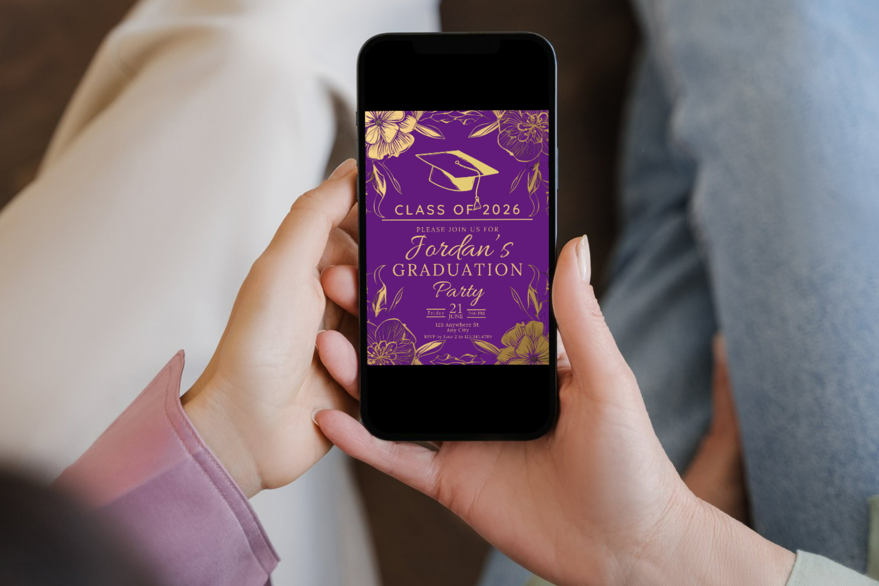 Purple and Gold Flower Graduation Party Invitation | Canva Template | Print at Home Invitation | Design #113