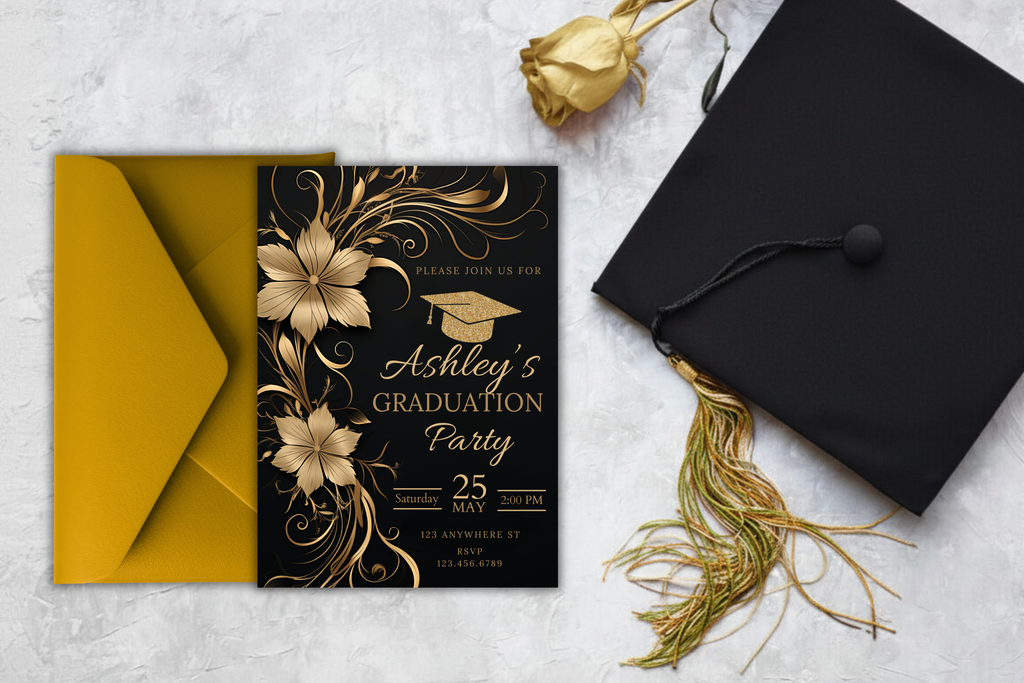 Black and Gold Flower Graduation Party Invitation | Canva Template | Print at Home Invitation | Design #114