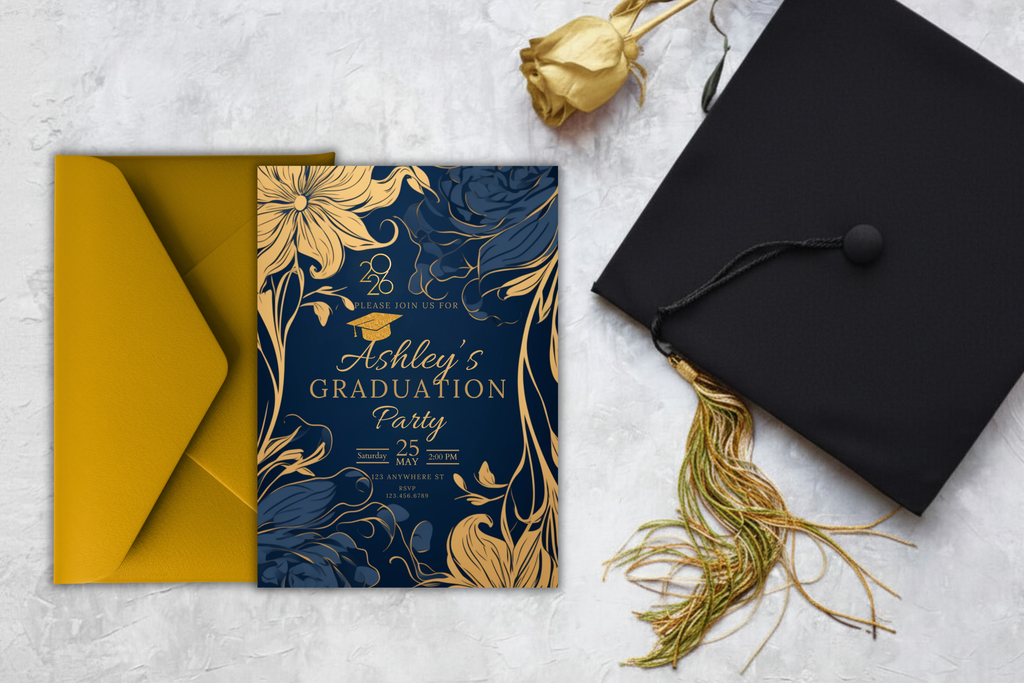 Dark Blue and Gold Flower Graduation Party Invitation | Canva Template | Print at Home Invitation | Design #115