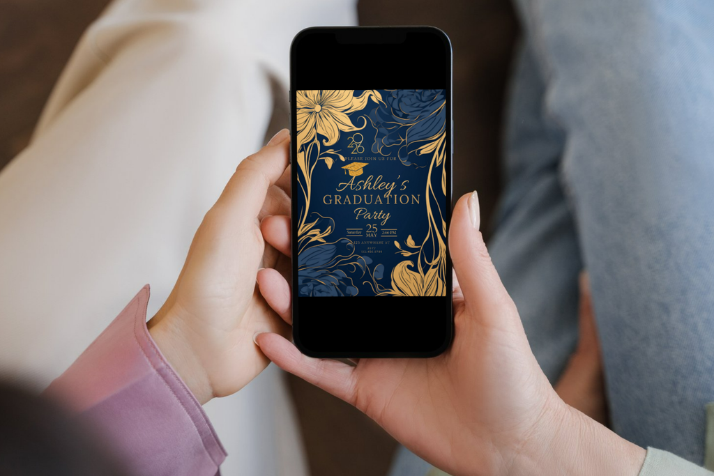 Dark Blue and Gold Flower Graduation Party Invitation | Canva Template | Print at Home Invitation | Design #115