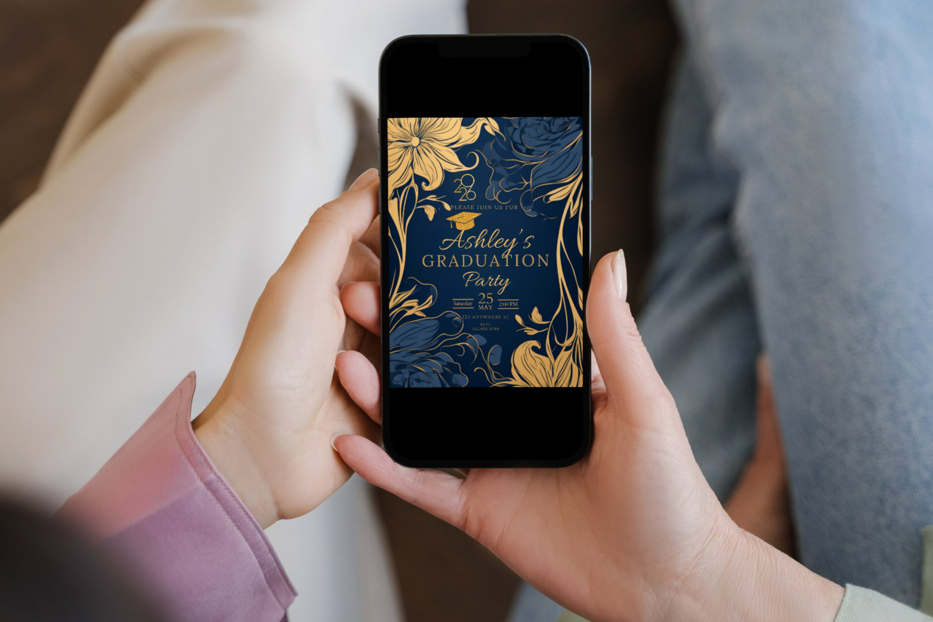 Dark Blue and Gold Flower Graduation Party Invitation | Canva Template | Print at Home Invitation | Design #115