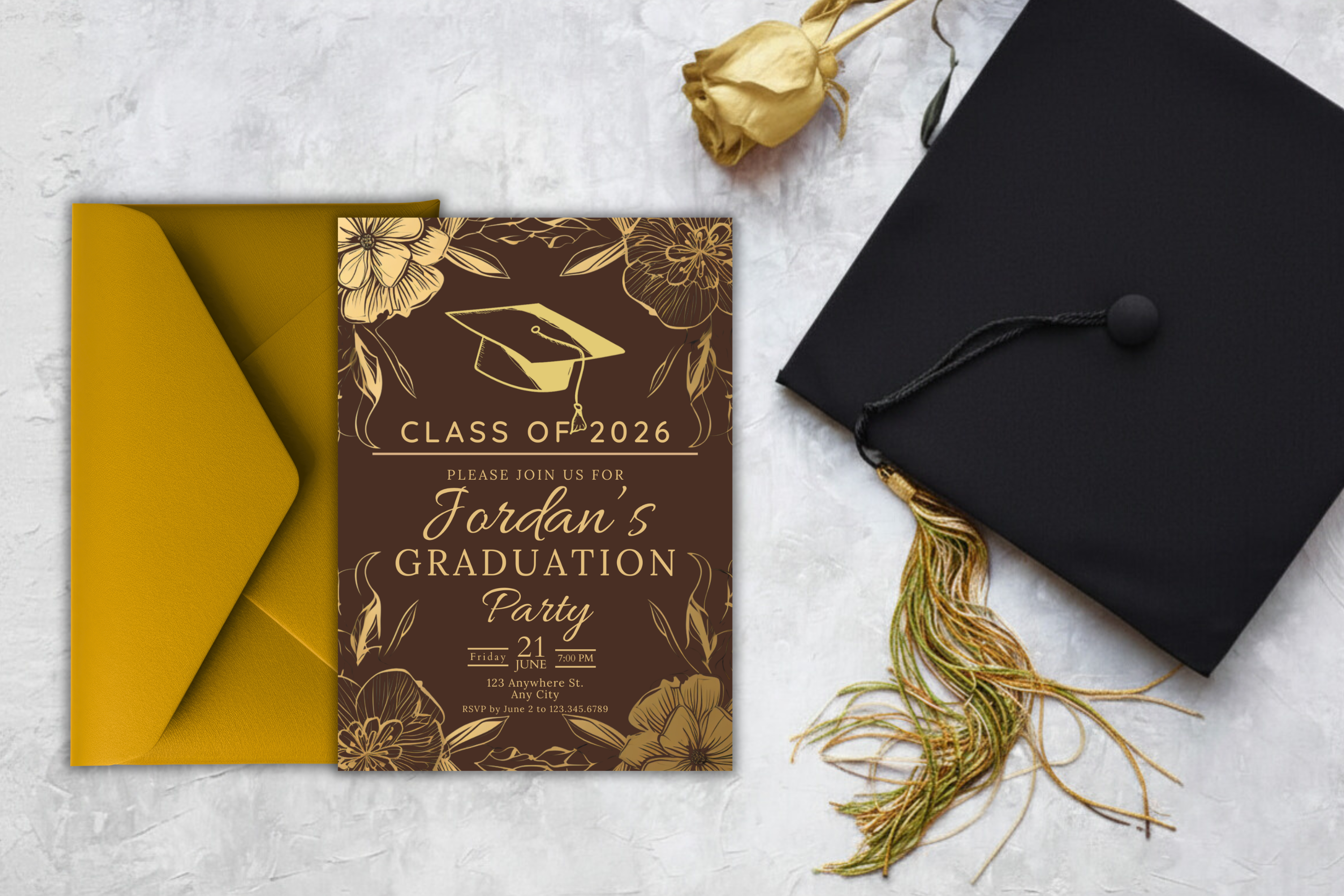 Brown and Gold Flower Graduation Party Invitation | Canva Template | Print at Home Invitation | Design #120