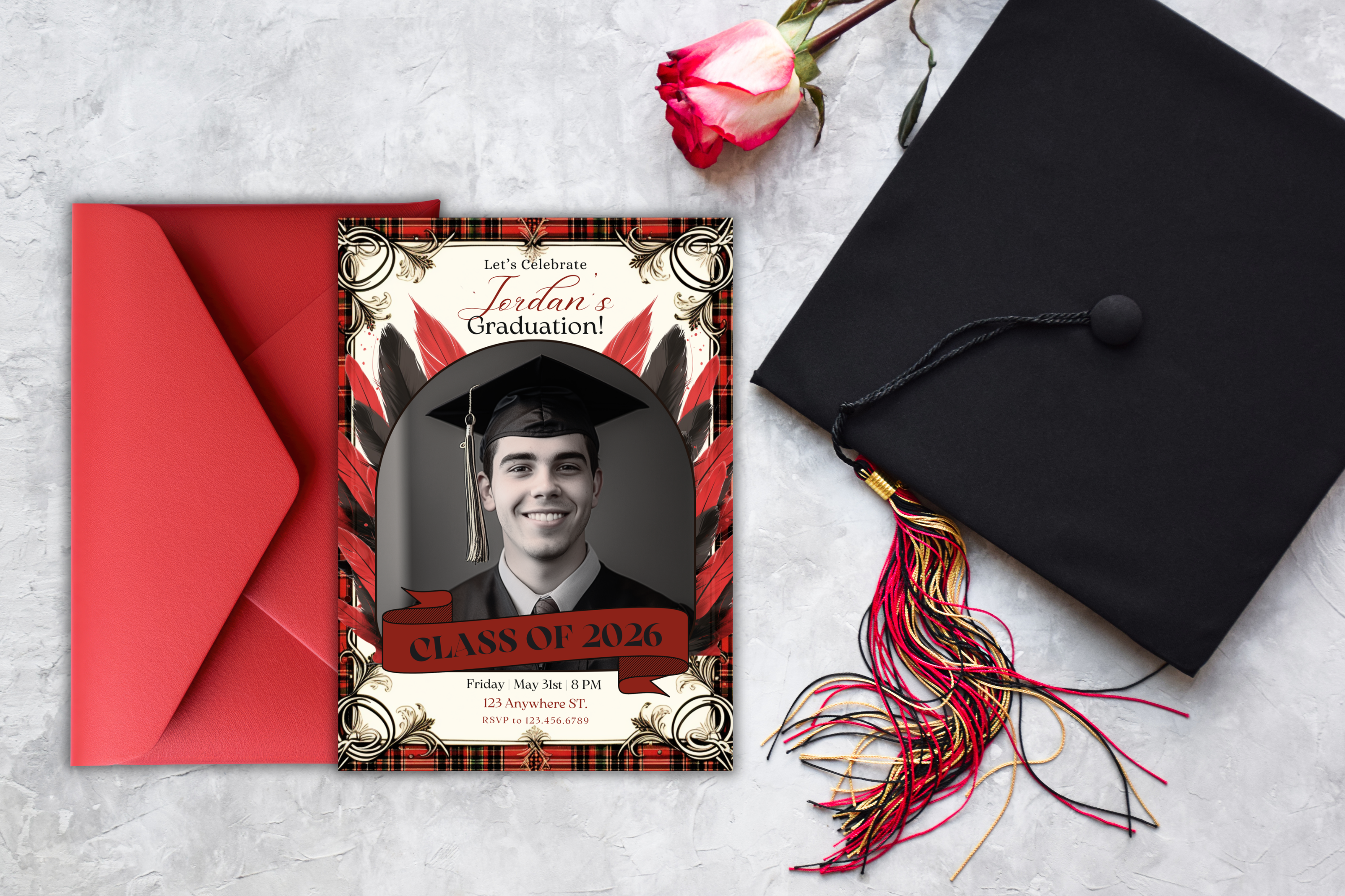 Photo of the Graduate | Red and Black Graduation Party Invitation | Canva Template | Print at Home Invitation | Design #126
