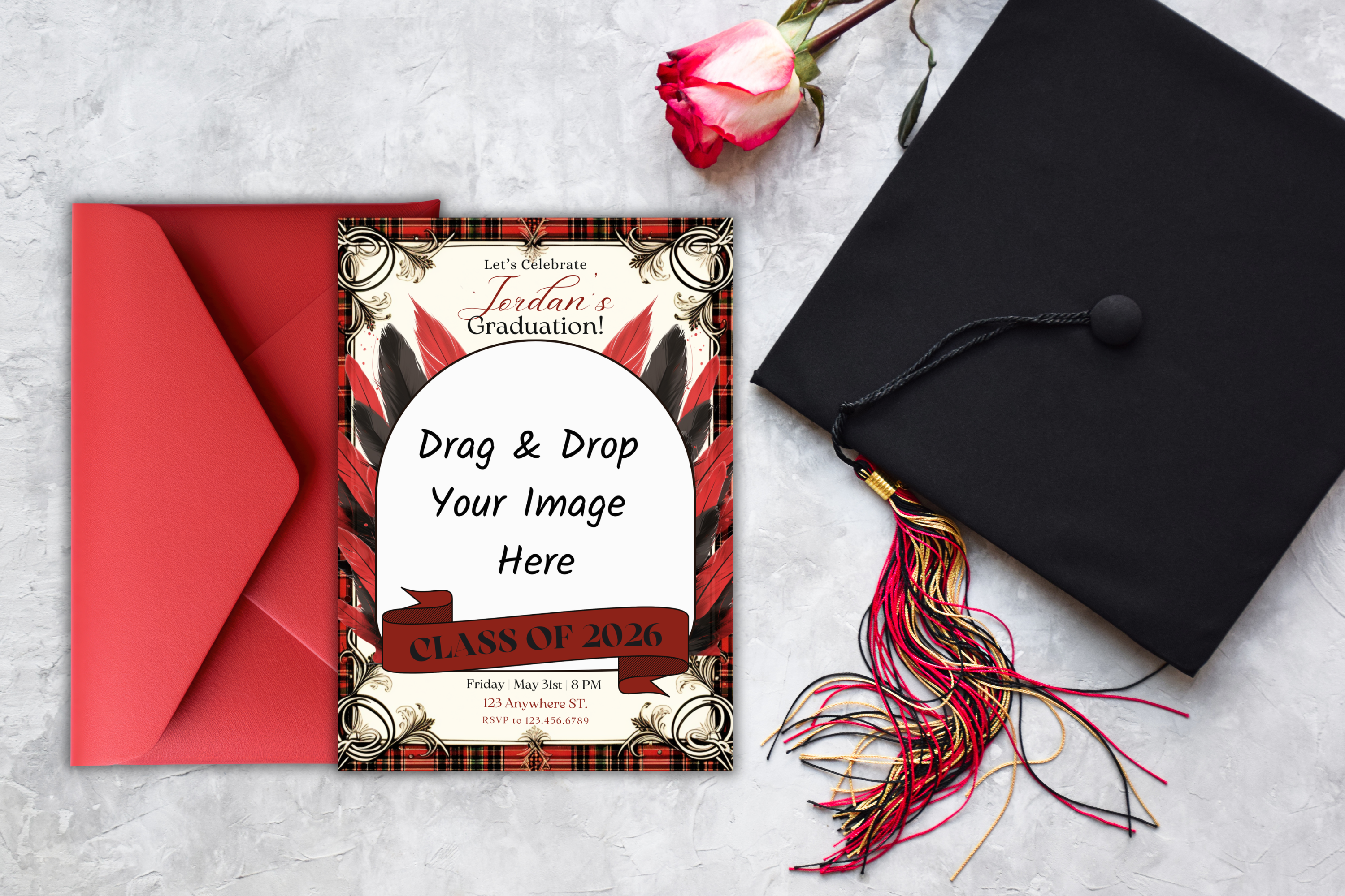 Photo of the Graduate | Red and Black Graduation Party Invitation | Canva Template | Print at Home Invitation | Design #126