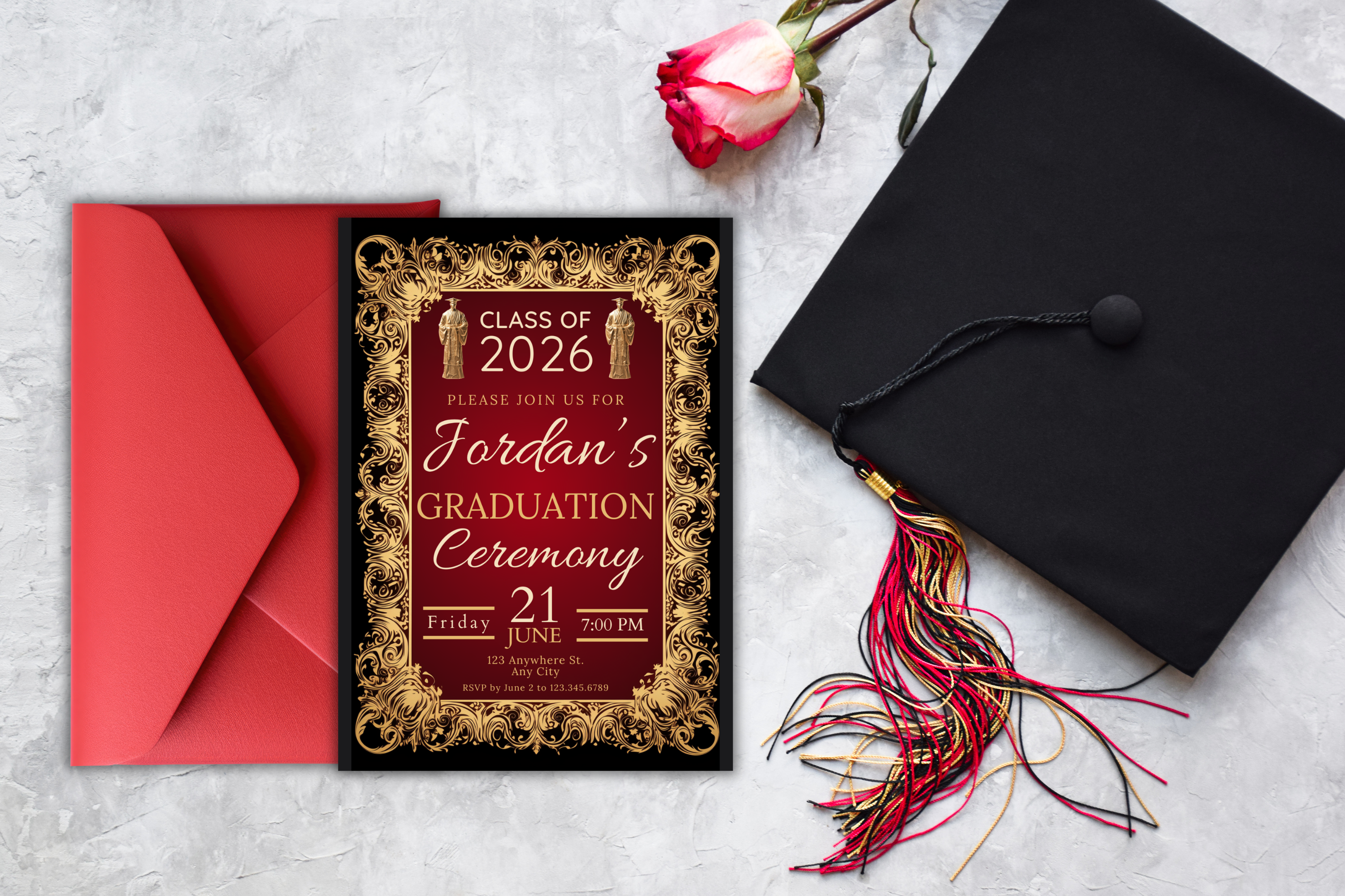Red and Gold Graduation Party Invitation | Canva Template | Print at Home Invitation | Design #117