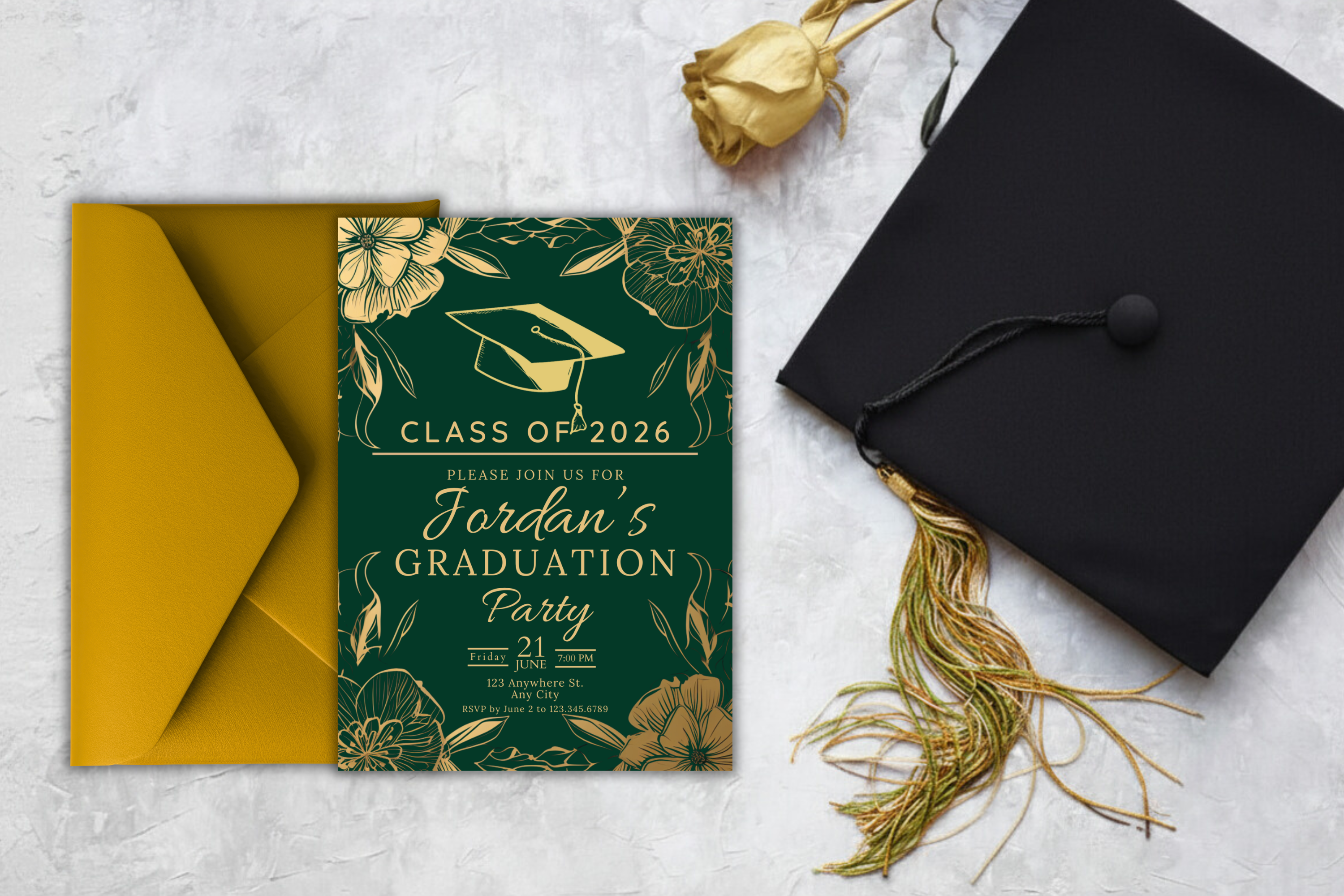Dark Green and Gold Flower Graduation Party Invitation | Canva Template | Print at Home Invitation | Design #121