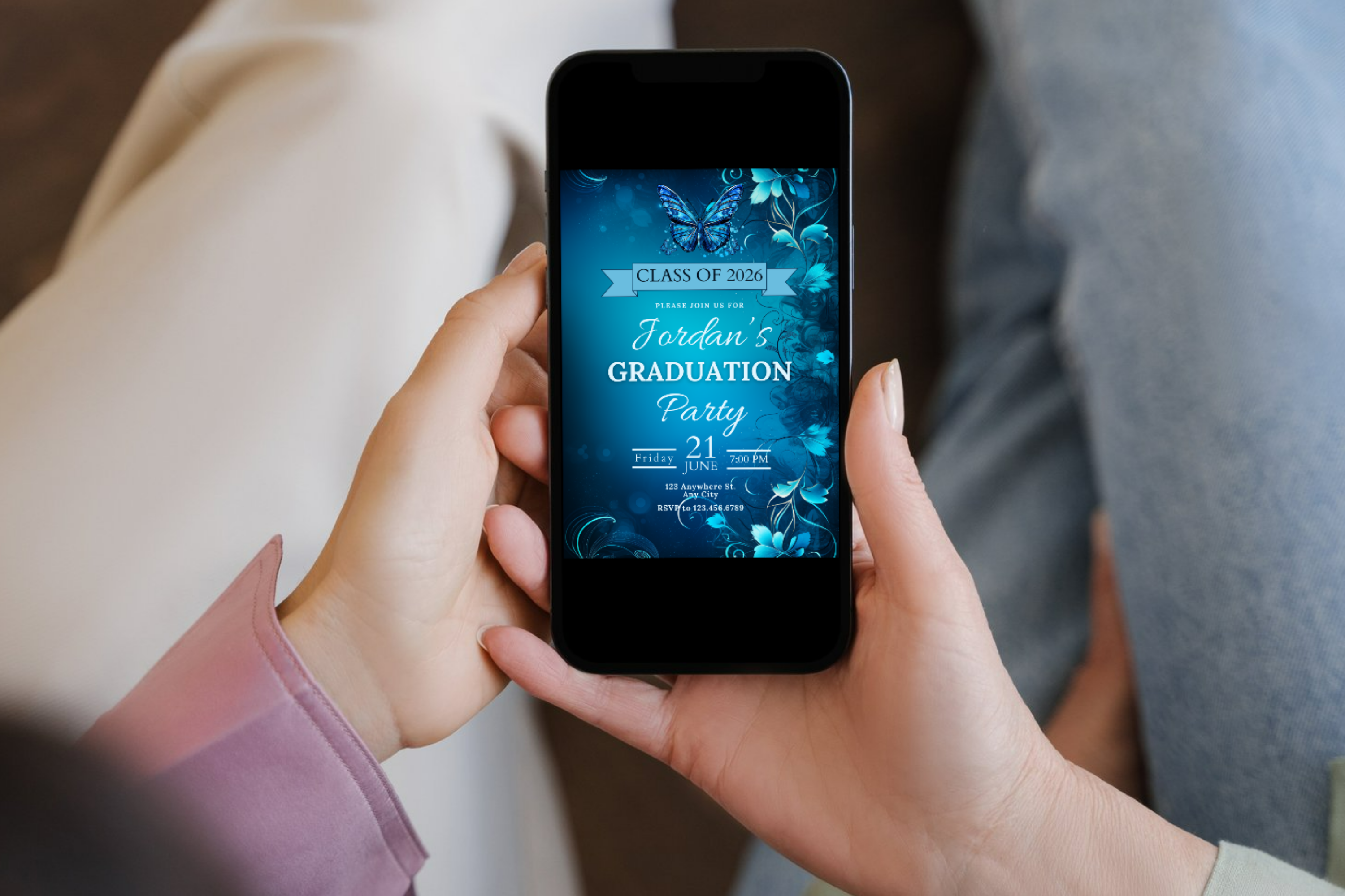 Invitation à la fête de remise des diplômes papillon bleu | Modèle Canva | Invitation à imprimer chez soi | Design #127