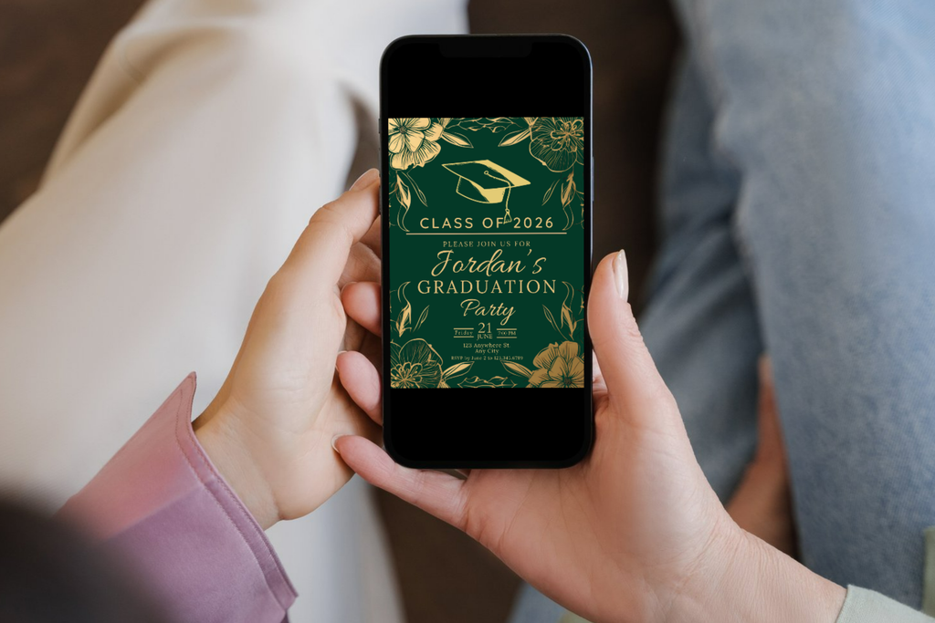 Dark Green and Gold Flower Graduation Party Invitation | Canva Template | Print at Home Invitation | Design #121