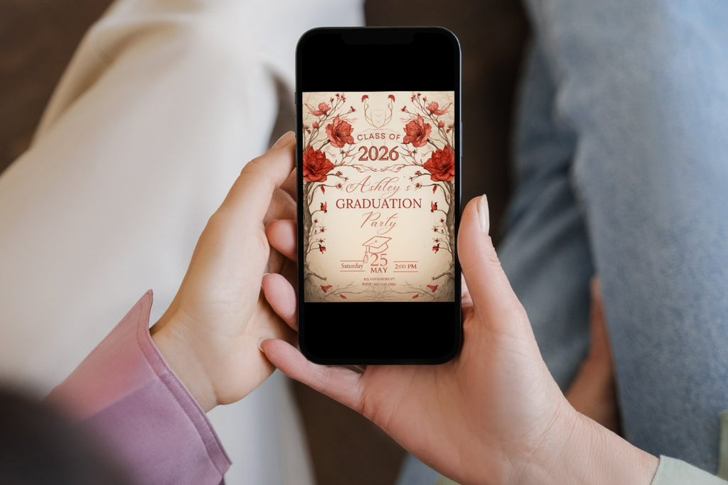 Invitation de remise de diplôme à fleurs beiges et rouges | Modèle Canva | Invitation à imprimer soi-même | Modèle n°122