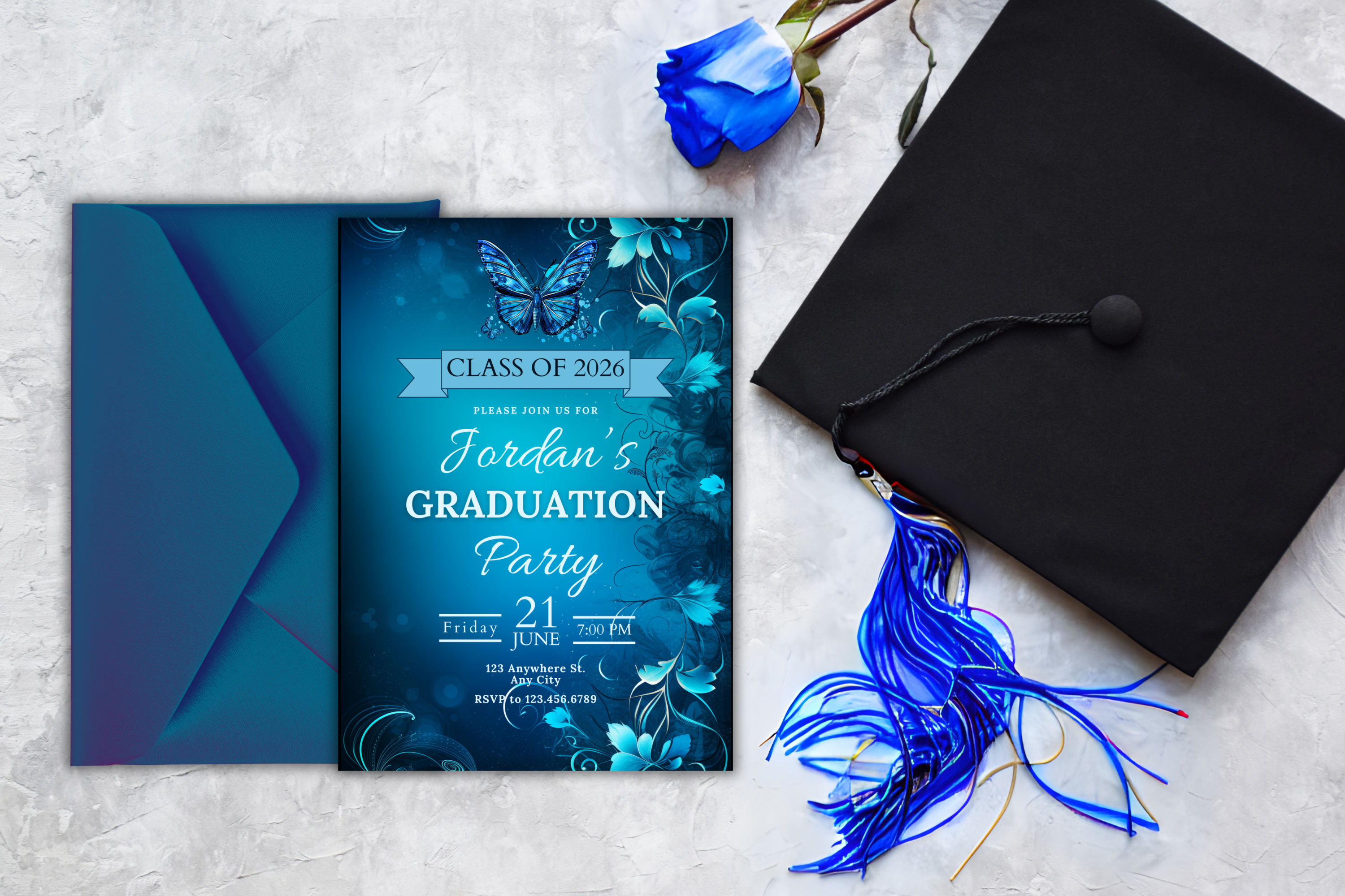 Invitation à la fête de remise des diplômes papillon bleu | Modèle Canva | Invitation à imprimer chez soi | Design #127