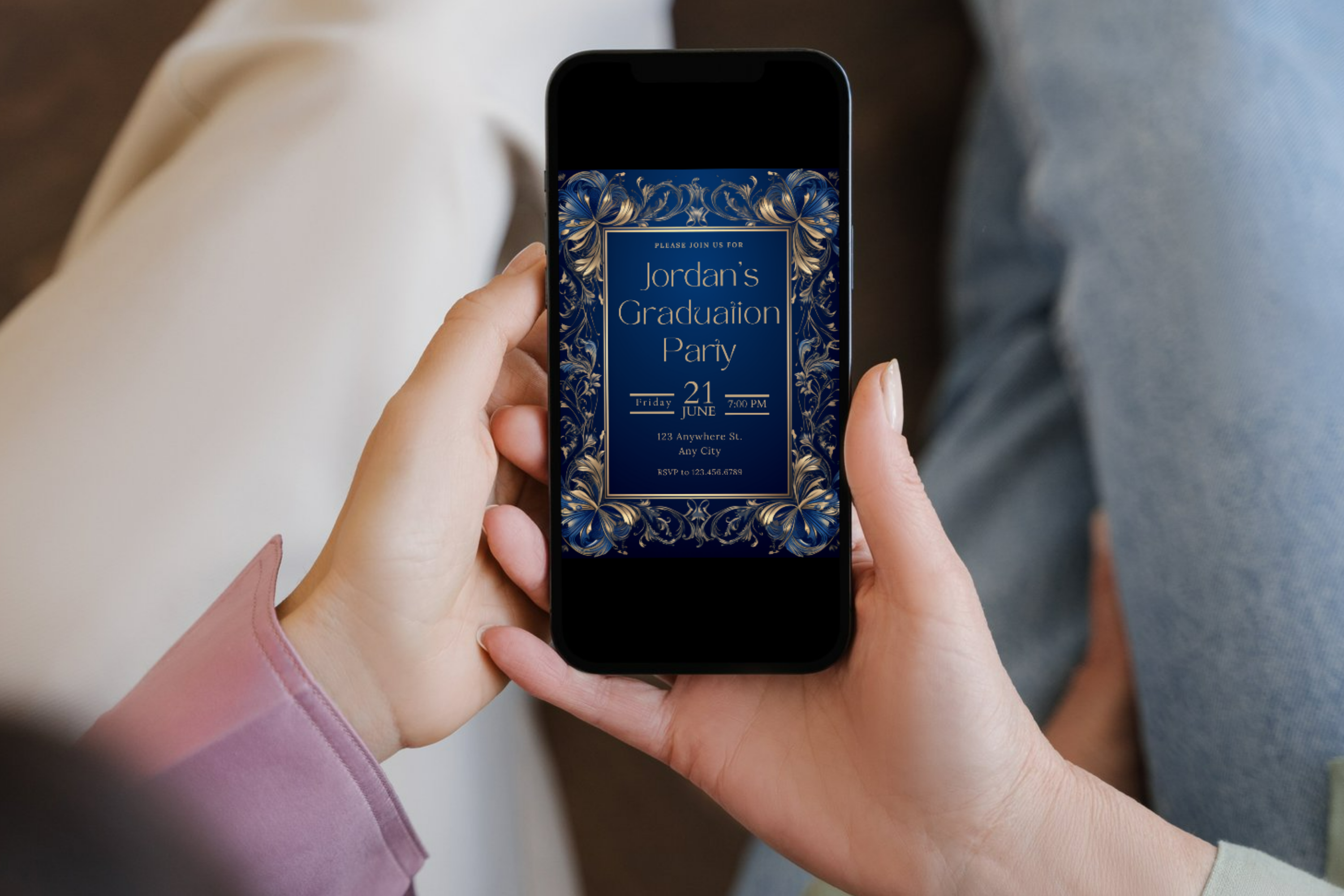 Invitation à une fête de remise des diplômes bleue et dorée | Modèle Canva | Invitation à imprimer à la maison | Design #118