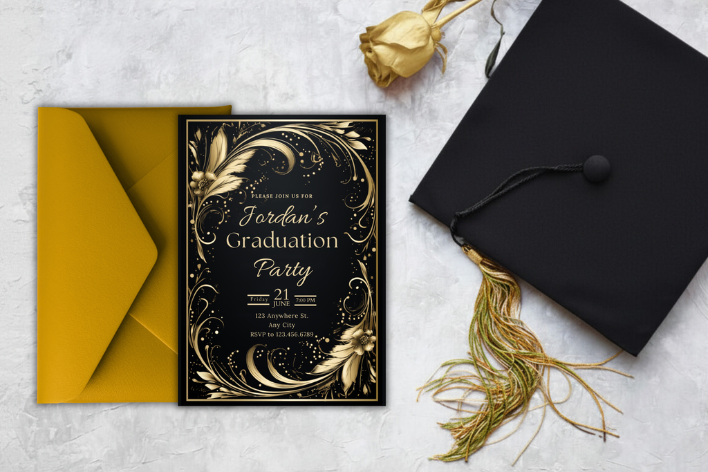 Invitation à une fête de remise des diplômes en plumes noires et dorées | Modèle Canva | Invitation à imprimer à la maison | Design #109
