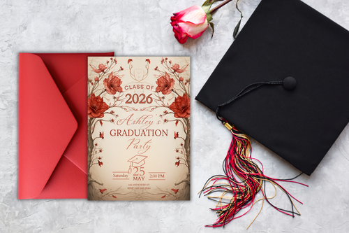 Invitation de remise de diplôme à fleurs beiges et rouges | Modèle Canva | Invitation à imprimer soi-même | Modèle n°122