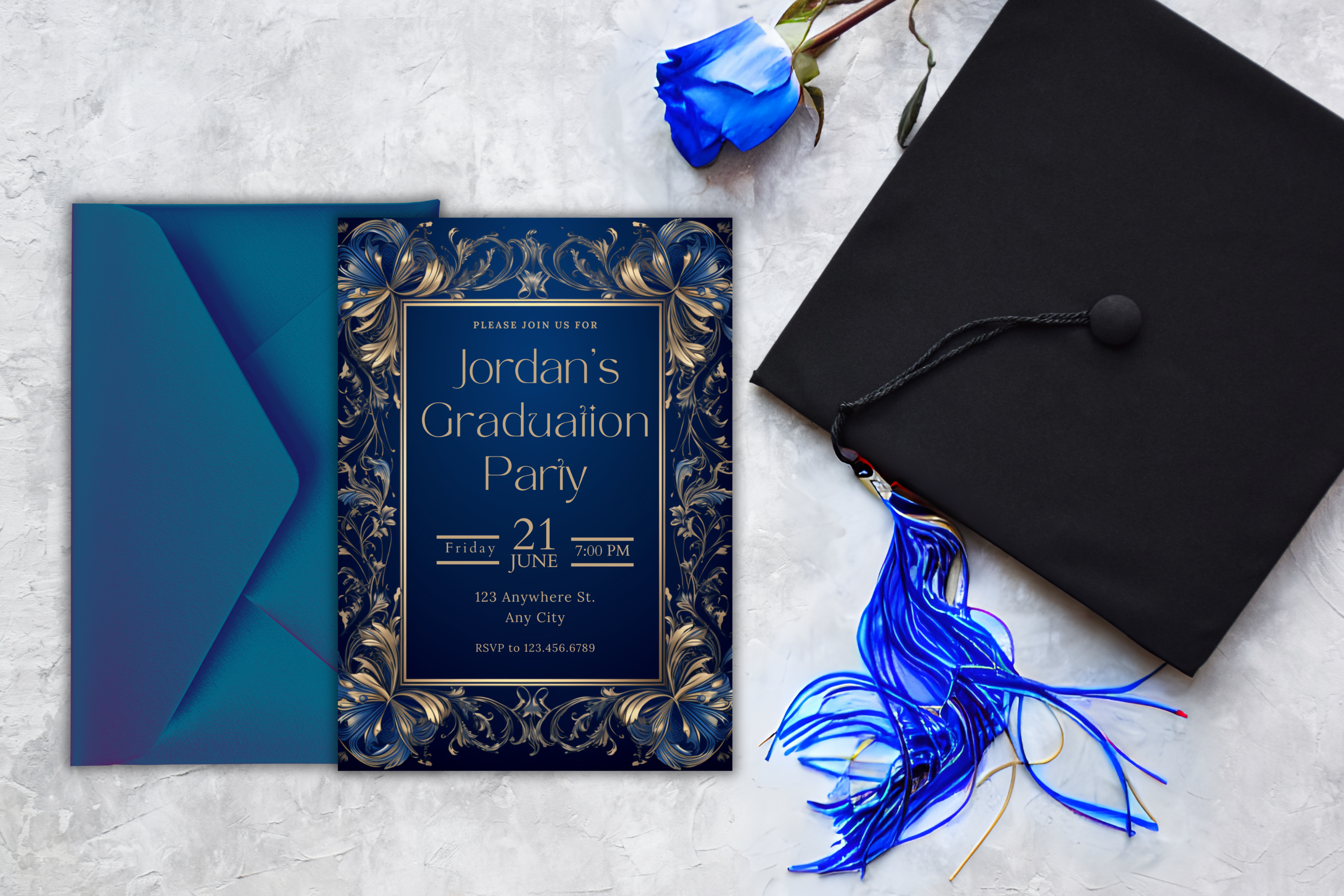 Invitation à une fête de remise des diplômes bleue et dorée | Modèle Canva | Invitation à imprimer à la maison | Design #118