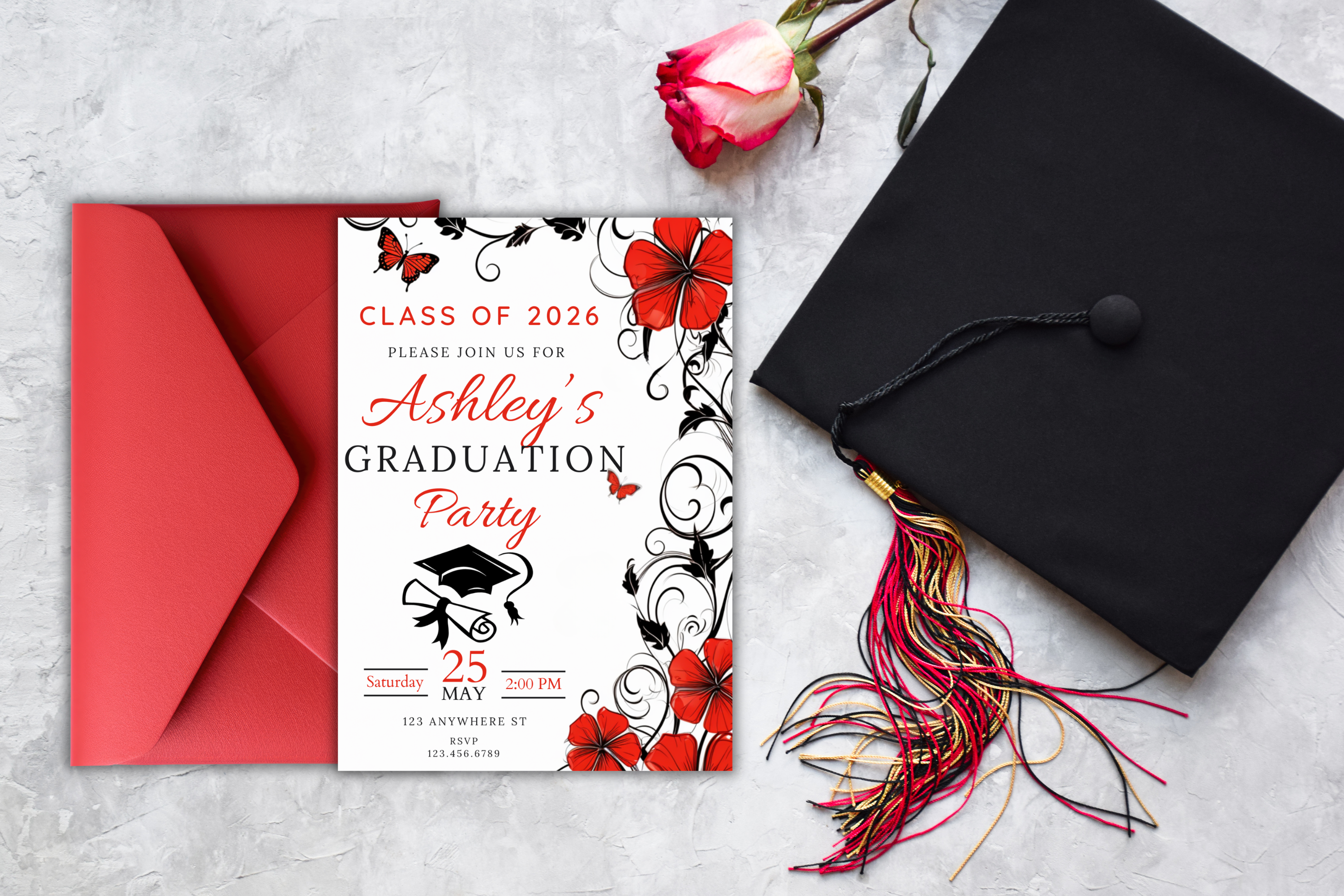 Invitation de remise des diplômes à fleurs noires et rouges | Modèle Canva | Invitation à imprimer à la maison | Design #123