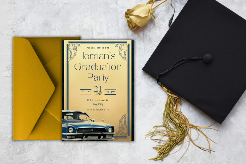 Gold and Blue Car Graduation Party Invitation | Canva Template | Print at Home Invitation | Design #119