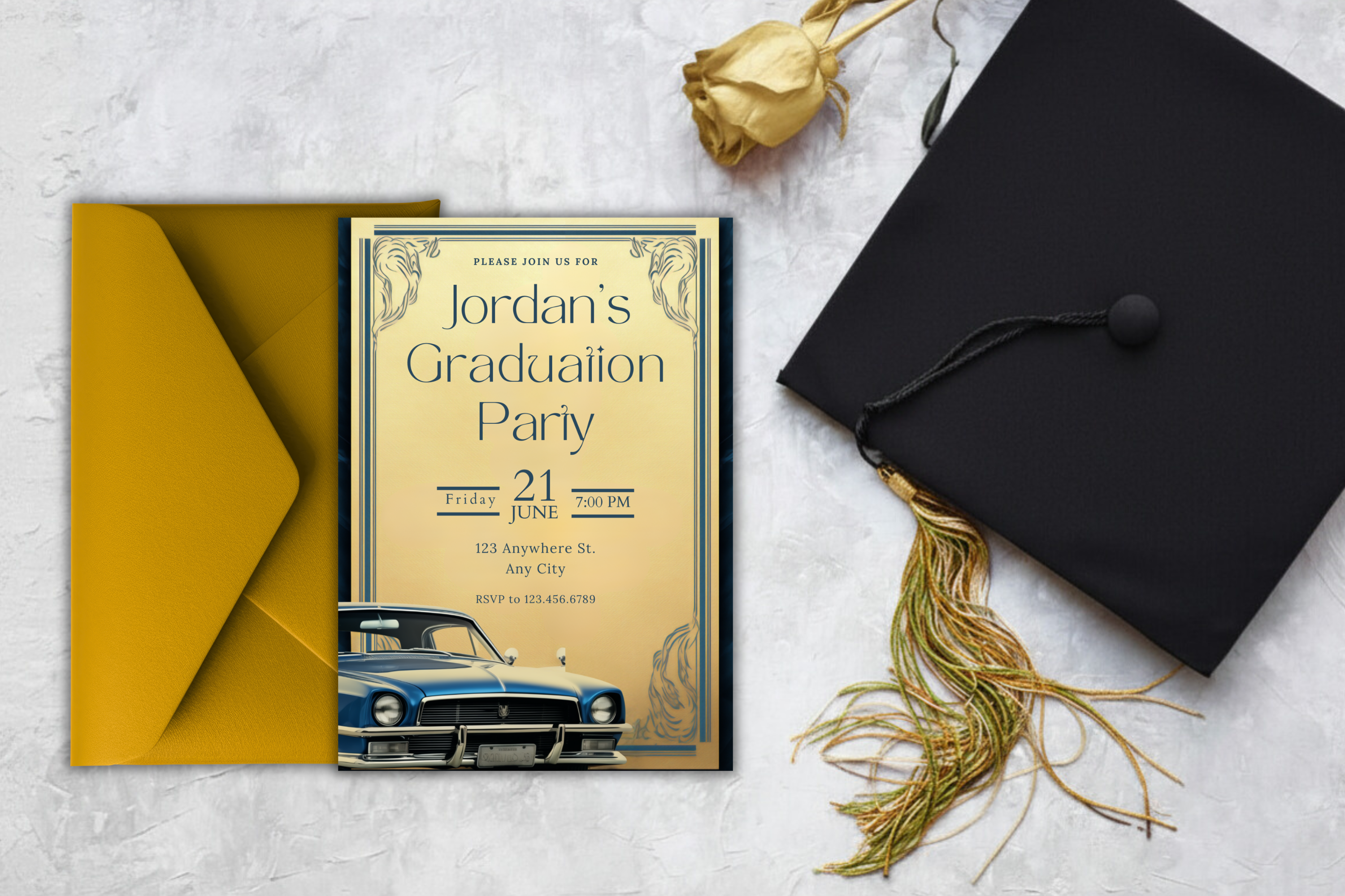 Gold and Blue Car Graduation Party Invitation | Canva Template | Print at Home Invitation | Design #119
