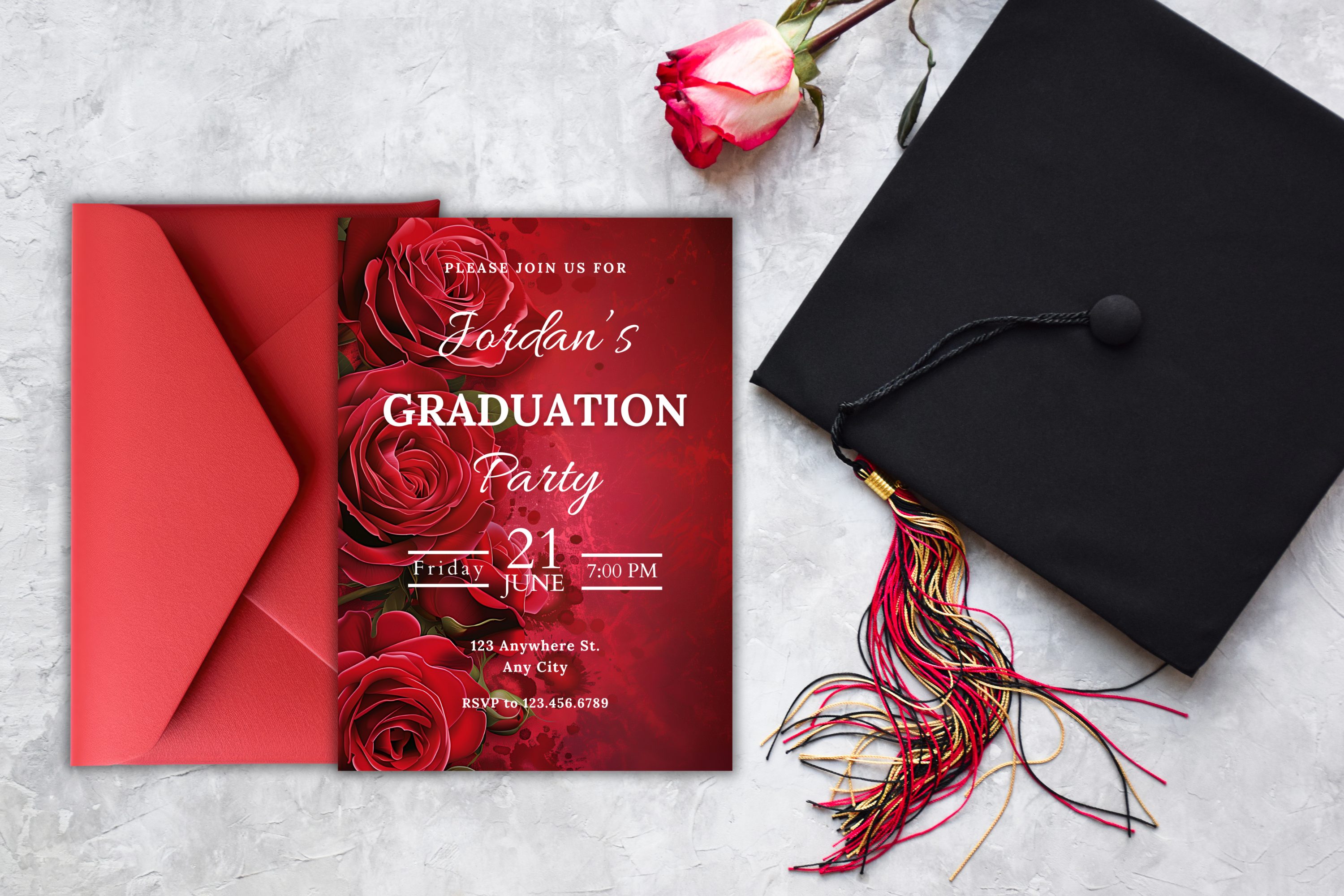 Red Rose Graduation Party Invitation | Canva Template | Print at Home Invitation | Design #124