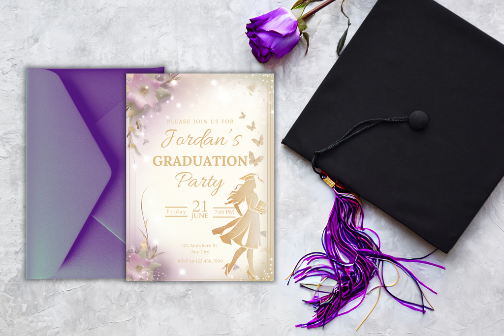 Purple and Gold Woman Graduation Party Invitation | Canva Template | Print at Home Invitation | Design #125