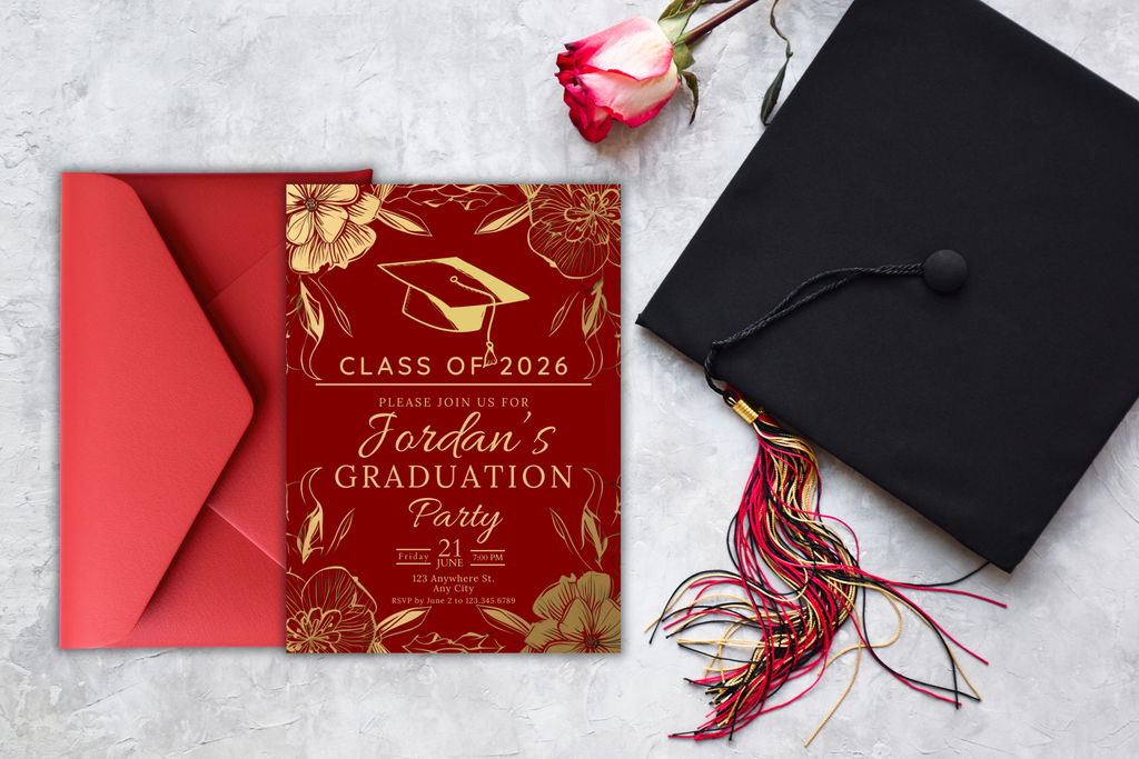Red and Gold Flower Graduation Party Invitation | Canva Template | Print at Home Invitation | Design #110