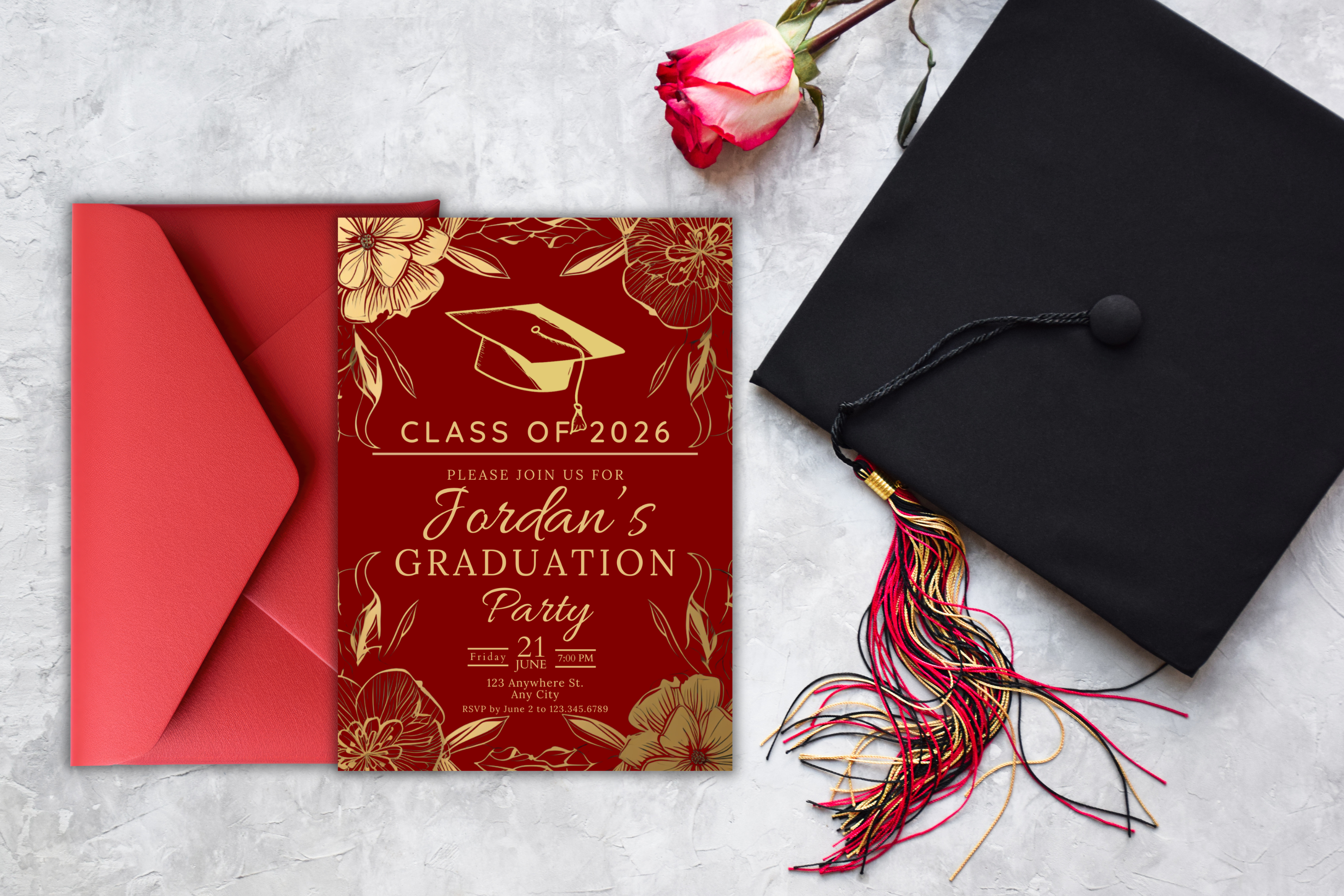 Red and Gold Flower Graduation Party Invitation | Canva Template | Print at Home Invitation | Design #110
